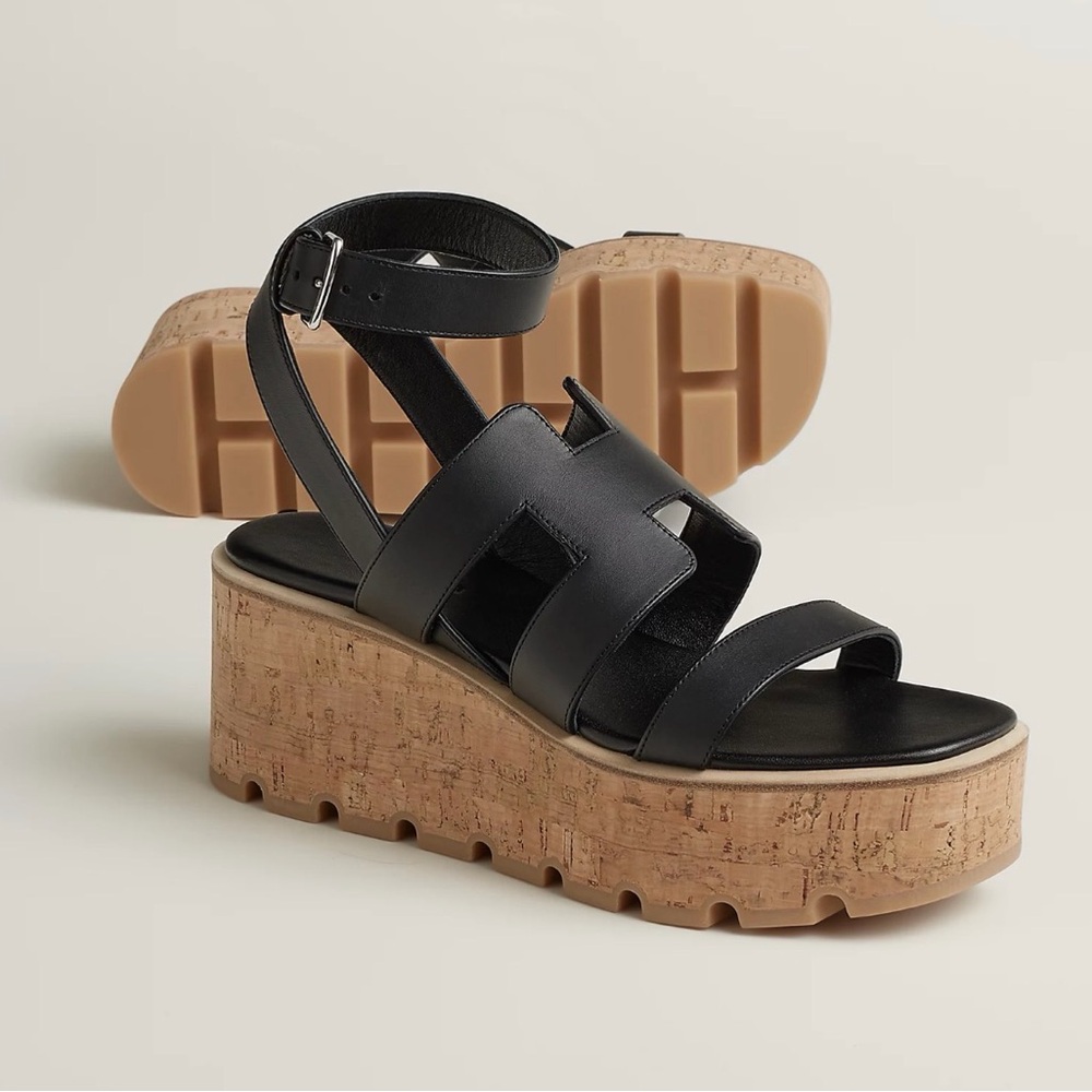 Hermès Éclat Platform Sandals – Black Leather / Cork Sole